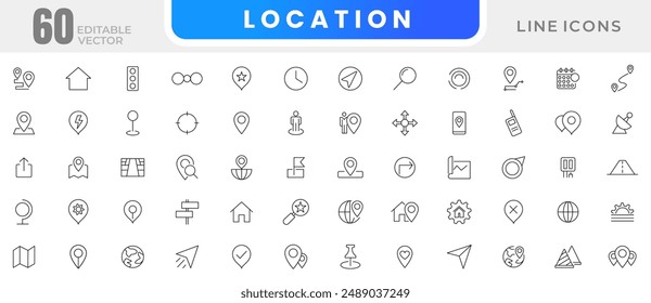 Conjunto de iconos de línea de Locación. Navegación, mapas, logística, entrega, mapa de navegación icono de esquema de colección. Conjunto de iconos de esquema delgado de UI.