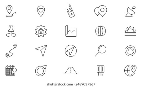 Positionsliniensymbolsatz. Navigation, Karten, Logistik, Lieferung, Karte Navigation Gliederung Symbol Kollektion. Symbol für dünne Gliederung der Benutzeroberfläche.