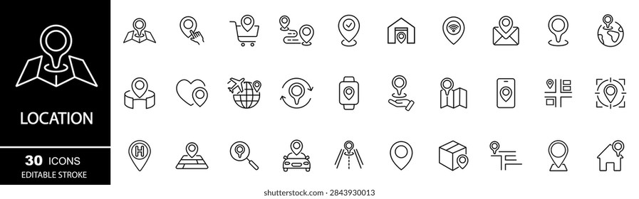 Location line icon set. Navigation, geolocation, map, map pin, gps, path, route, distance, destination, directions, street, road. Vector illustration.