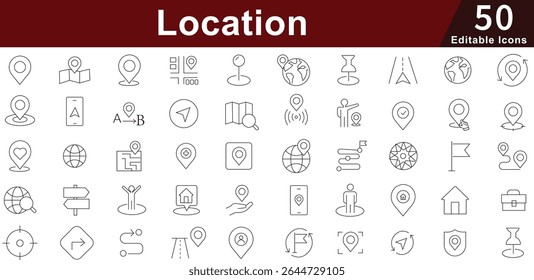 Location Line Icons - Map, Pin, GPS, Direction and Pointer Vector Set