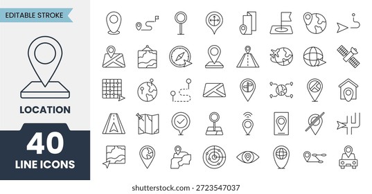 Positionszeilensymbole mit editierbarem Strich. Enthält Anleitungen, Pin, GPS, Ort, Geolokalisierung, Route, Navigation, Marker und mehr. Vektorgrafik