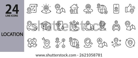 Location line icons set with Map, Track, Navigation, Marker, Destination, Position and more. Editable Stroke