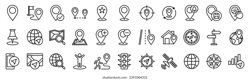 Location line icons set. Navigation icons. Map pin place marker icon symbol. Direction, compass, GPS, place, distance, route, traffic, road and other. Vector illustration