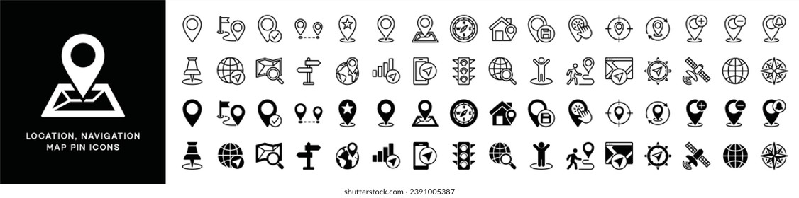 Location line icons set. Navigation icons. Map pin place marker icon symbol. Direction, compass, GPS, place, distance, route, traffic, road and other. Vector illustration