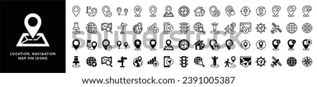 Location line icons set. Navigation icons. Map pin place marker icon symbol. Direction, compass, GPS, place, distance, route, traffic, road and other. Vector illustration