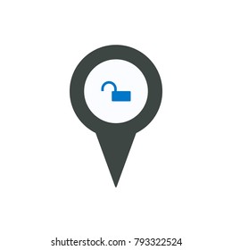 Location lock marker pin place pointer secure icon. Navigation travel direction pointer.