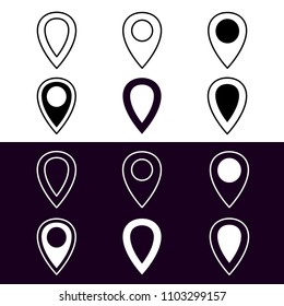 Location logo black and white vector check set, isolated map pointer, pin sign icons for web, mobile app, logo, infographics, game interface, ui, graphic design, GUI asset