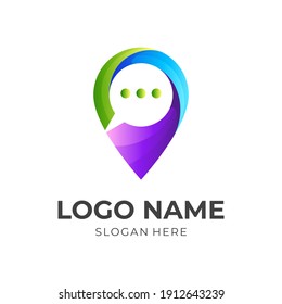 Logotipo de ubicación y comunicación de diseño de chat, logotipos 3d de colores