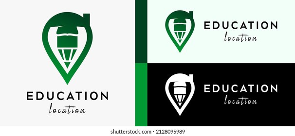 location logo design template with creative concept of graduation cap and pencil in pin icon. map or location icon vector illustration, premium vector