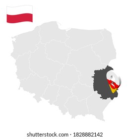 Location of  Lublin Province on map Poland. 3d location sign similar to the flag of Lublin Province. Quality map  with  provinces of  Poland for your design. EPS10.
