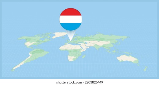 Location of Luxembourg on the world map, marked with Luxembourg flag pin. Cartographic vector illustration.