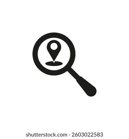 Location magnifier icon. Map search symbol. GPS pinpoint graphic. Vector place finder.