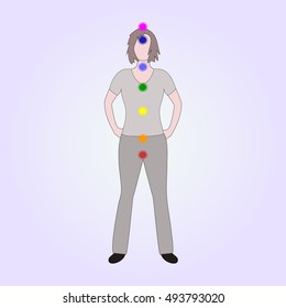 Location of the main seven yoga chakras on the human body.Female silhouette with all the basic energy centers.Color vector illustration.Alternative medicine.Oriental or complementary therapy.Wellness.