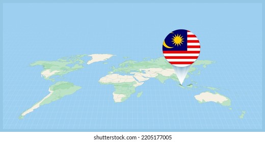 Ubicación de Malasia en el mapa del mundo, marcado con la bandera de Malasia. Ilustración vectorial cartográfica.