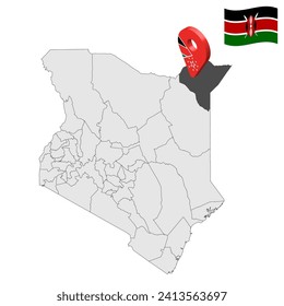 Location Mandera County on map Kenya. 3d Mandera County location sign. Flag of Kenya. Quality map with  Counties of Kenya for your web site design, logo, app, UI. EPS10.