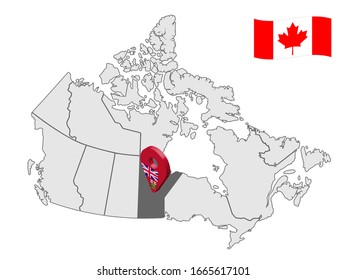 Location of  Manitoba on map Canada. 3d Manitoba location sign. Flag of Manitoba Province. Quality map of Canada. EPS10.