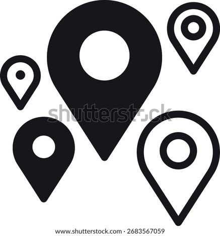 location, map, address icon Icons of location markers in various sizes and styles.