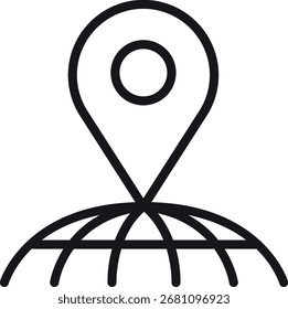 Standort, Karte, Adresssymbol. Pin-Symbol für Position mit einer Globusgrafik. im dünnen Linienstil