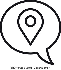 ubicación, mapa, ícono de Dirección. Pin de Locación en un diseño de burbuja de discurso para la comunicación. en estilo de línea delgada