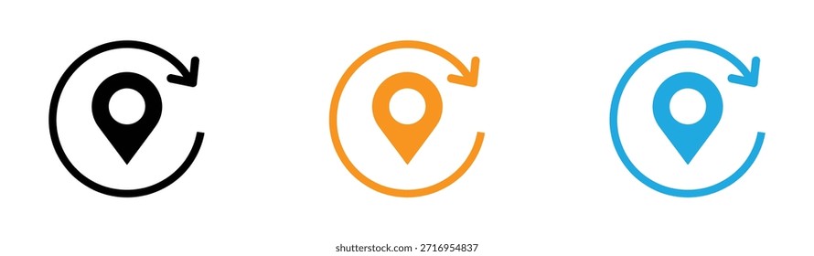 localização, mapa, ícone de endereço Pino de localização com setas circulares simbolizando movimento e navegação. Localização ícones de pin com setas circulares em preto, laranja, azul.