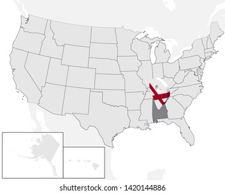 Location Map Alabama on map USA. United States of America. 3d geolocation sign like flag of state Alabama. High quality map of Alabama.  Vector illustration EPS10.