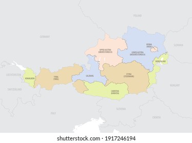 Location map of Austria in Europe with administrative divisions, detailed vector illustration