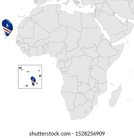 Location Map of Cape Verde on map Africa. 3d Republic of Cape Verde flag map marker location pin. High quality map of  Cape Verde.  Africa. Vector illustration EPS10.