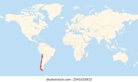 Localização do Chile em América do Sul mostrado em um mapa do mundo