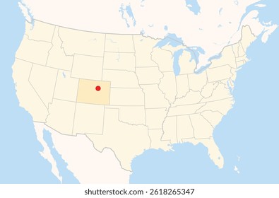 Location Map of the city Aurora in Colorado, USA. The state is marked orange and the city is highlighted with a red dot. No labels at all.