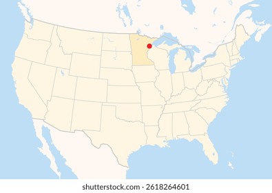 Location Map of the city Duluth in Minnesota, USA. The state is marked orange and the city is highlighted with a red dot. No labels at all.