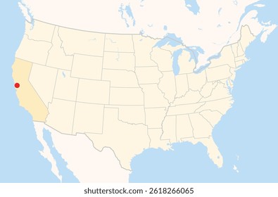 Location Map of the city Hayward in California, USA. The state is marked orange and the city is highlighted with a red dot. No labels at all.