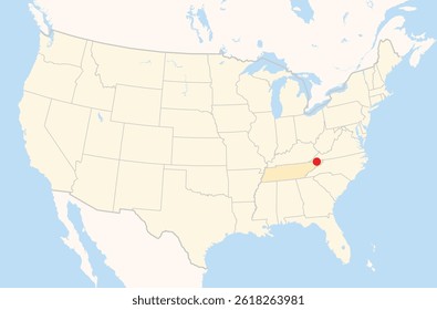 Location Map of the city Kingsport in Tennessee, USA. The state is marked orange and the city is highlighted with a red dot. No labels at all.