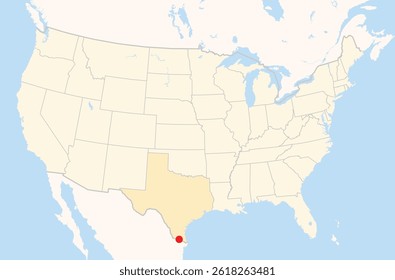 Location Map of the city McAllen in Texas, USA. The state is marked orange and the city is highlighted with a red dot. No labels at all.