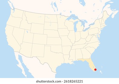 Location Map of the city Miami Beach in Florida, USA. The state is marked orange and the city is highlighted with a red dot. No labels at all.