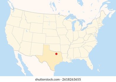 Location Map of the city Rowlett in Texas, USA. The state is marked orange and the city is highlighted with a red dot. No labels at all.