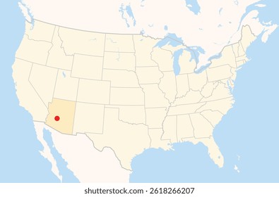 Location Map of the city Surprise in Arizona, USA. The state is marked orange and the city is highlighted with a red dot. No labels at all.