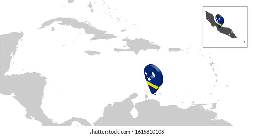 Location Map Curacao on map Central America. 3d Curacao flag map marker location pin. High quality map of Curacao. Antilles. Central America.  Netherlands. Vector illustration EPS10.