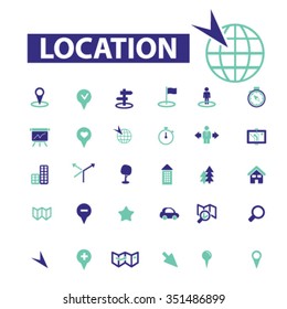 Standort, Karte, Richtung, Route, Autonavigation, Logistik, Reise, Positionierung, Kompass, Kartografie, Straße, Reise, Suche Symbole, Zeichen Vektorkonzept