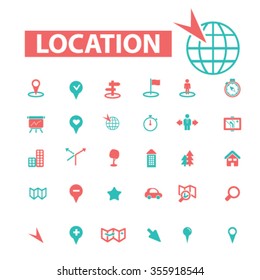 location, map, direction, route, car navigation, logistics, travel, positioning, compass, cartography, road, journey, searching icons, signs vector concept