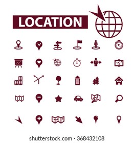 ubicación, mapa, dirección, ruta, navegación del coche, logística, viajes, posicionamiento, brújula, cartografía, carretera, viaje, búsqueda de iconos, signos de vector concepto
