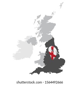Location Map of  England on map United kingdom of Great Britain. 3d England flag map marker location pin. High quality map of Great Britain.  EPS10.