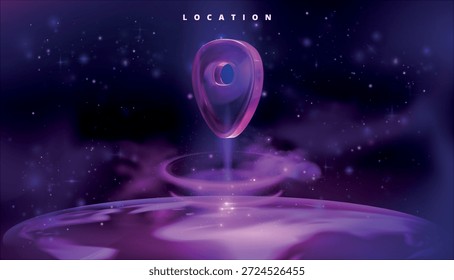 Mapa de Locación. Icono de lugar de cristal. Punto brillante en el espacio. Diseño tecnológico de Dirección de neón. Navegación GPS AI. Pin de destino. Entrega o puntero de galaxia de viaje. Fondo exacto realista del Vector 3D