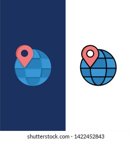 Location, Map, Globe, Internet  Icons. Flat and Line Filled Icon Set Vector Blue Background