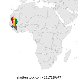 Location Map of Guinea on map Africa. 3d Guinean Republic flag map marker location pin. High quality map of  Guinea. Vector illustration EPS10.
