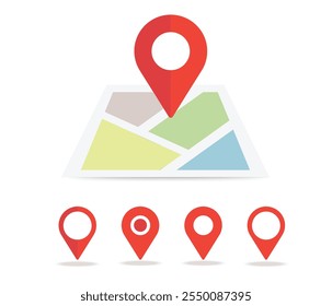 Location map icon with red pin pointer, direction, label, marker, sign, travel Navigator or guide. vector illustration stock illustration