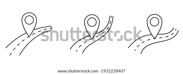 Location map icon with road icon. Vector\
illustration. Travel conceptual icons set. Map pointer icons in\
flat linear design