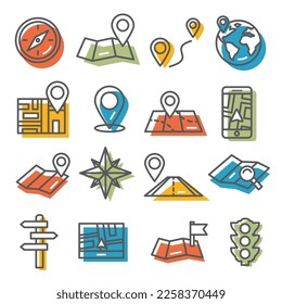 Location and map icons set on white background