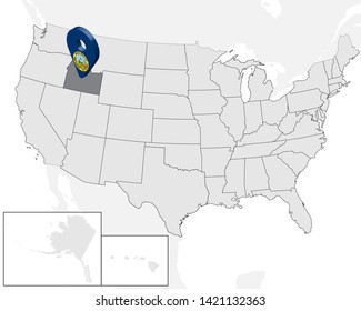 Location Map Idaho on map USA. United States of America. 3d geolocation sign like flag of state Idaho. High quality map of Idaho.  Vector illustration EPS10.