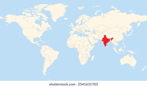 Location map of India in Asia shown on a world map