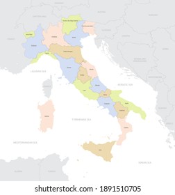 Location map of Italy in Europe with administrative divisions of the country, detailed vector illustration